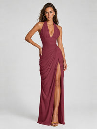 Ruched Halter Neck High-Slit Prom & Evening Dress