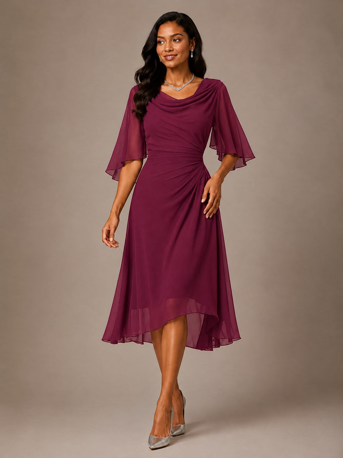 Cowl Neck Ruched Chiffon Mother of the Bride Dresses with Flutter Sleeves