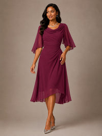 Cowl Neck Ruched Chiffon Mother of the Bride Dresses with Flutter Sleeves