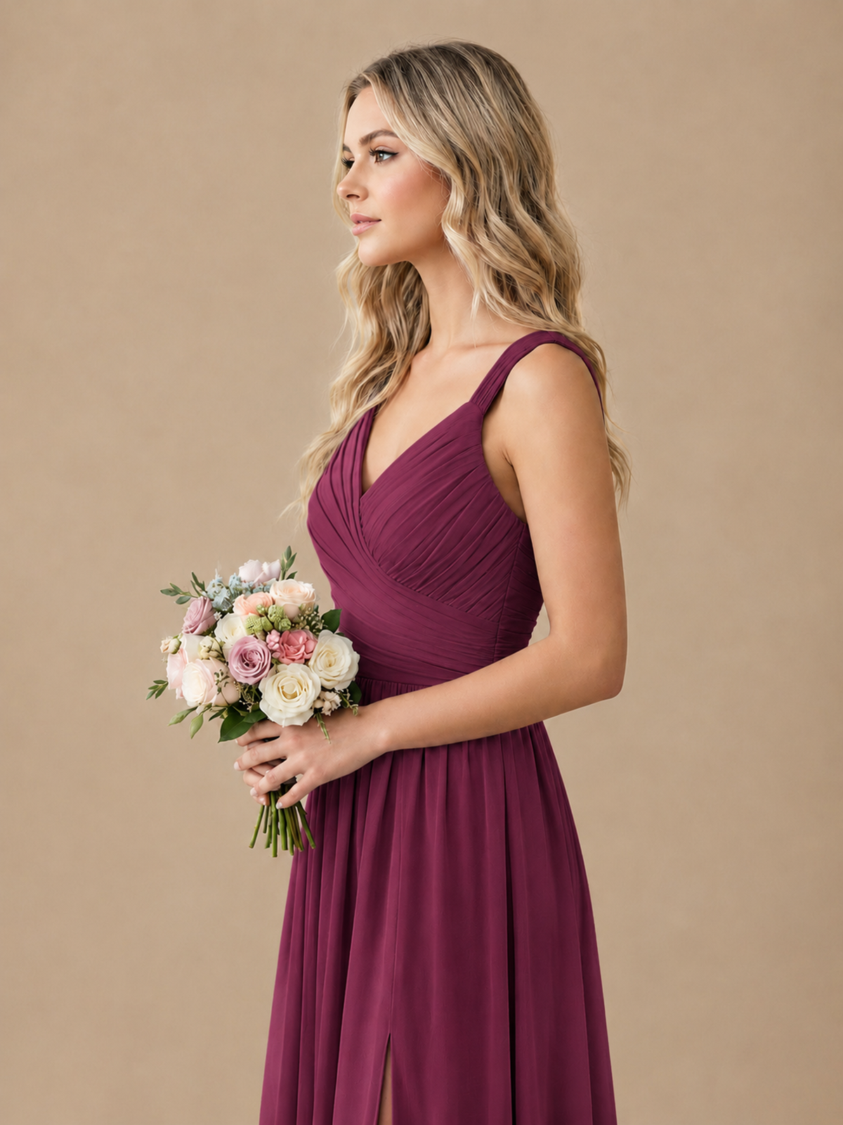 Pleated Chiffon V Neck Wedding Bridesmaid Dresses Floor Length with Slit