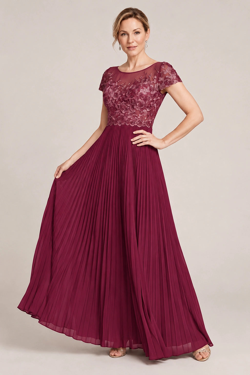 Embroidered Lace Pleated Mother of the Bride Dress