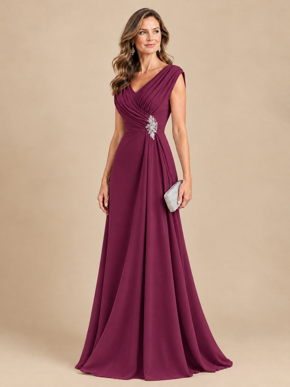 V Neck Pleated Mother of The Bride Dresses with Beading Cap Sleeves