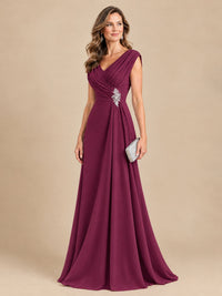 V Neck Pleated Mother of The Bride Dresses with Beading Cap Sleeves