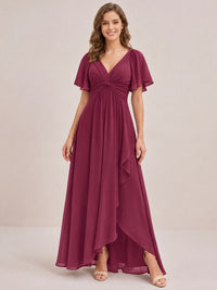 Dusty Blue Chiffon Bridesmaid Dress with Flutter Sleeves & High-Low Hem