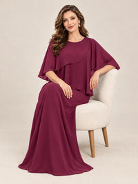 Cape Sleeve Mother of the Bride Dress with Asymmetrical Overlay