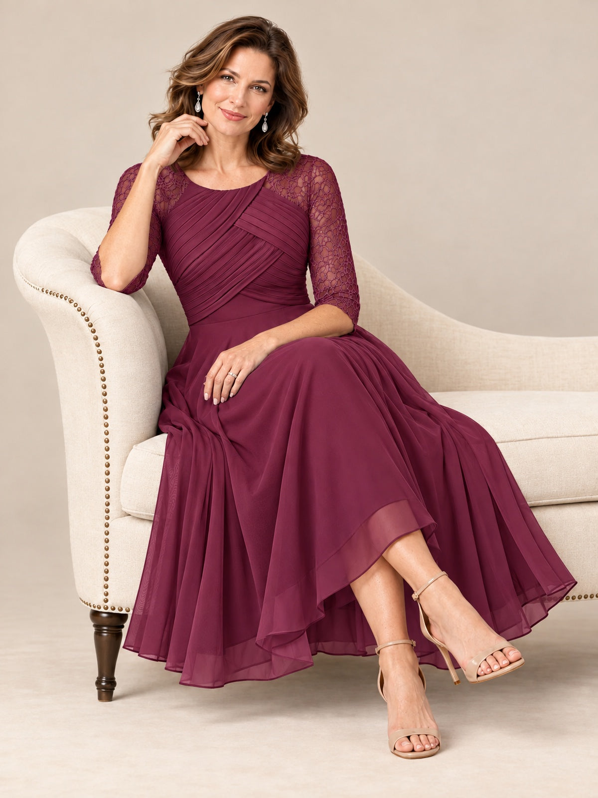 Tea-Length Mother of the Bride Dress with Lace 3/4 Sleeves