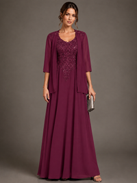 A-line 2 Pieces Chiffon Appliques Mother of The Bride Dresses with Jackets