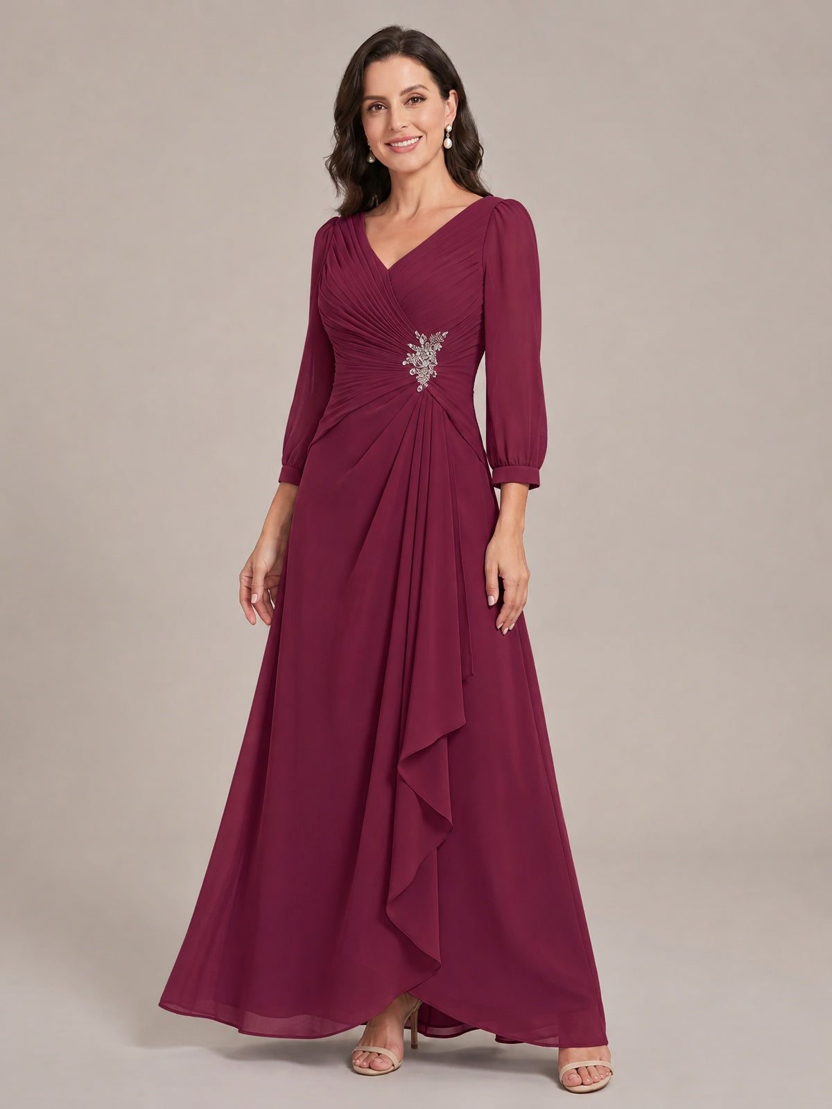 V-Neck Pleated Chiffon Mother of the Bride Dress with Flutter Sleeves
