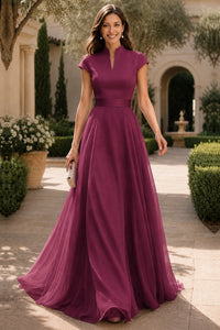 V Neck Cap Sleeve A-Line Floor-Length Satin Bridesmaid Dress