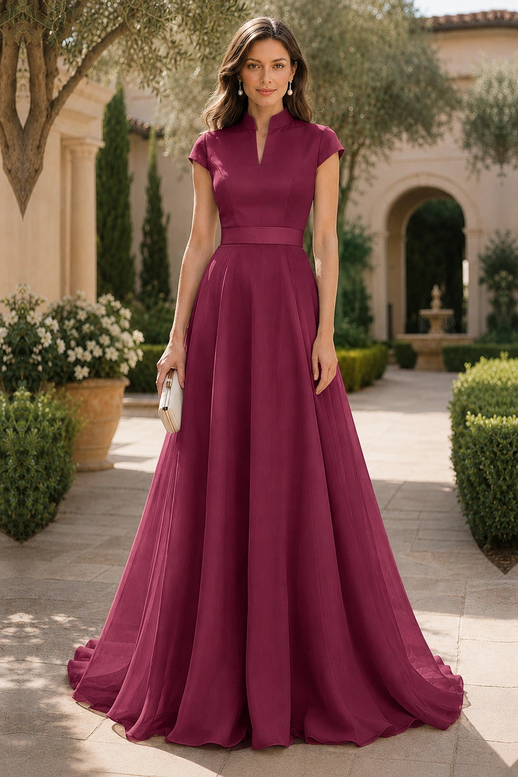 V Neck Cap Sleeve A-Line Floor-Length Satin Bridesmaid Dress