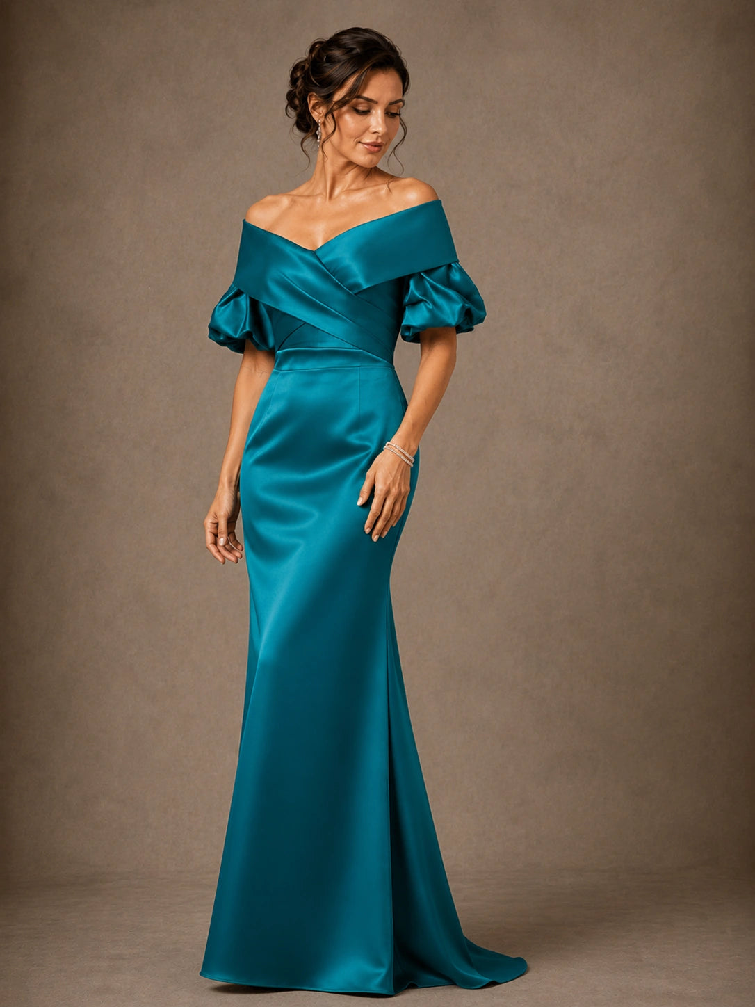 Off Shoulder Satin Puff Sleeve Mother of the Bride Gown
