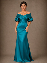 Jovellee satin mother of the bride dress with puff sleeves and fitted waist