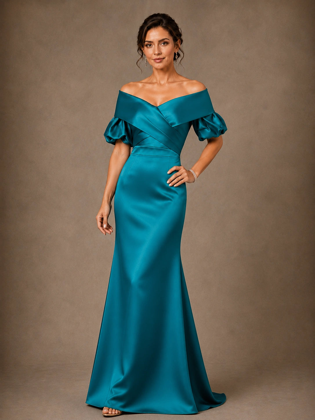 peacock off shoulder satin mother of the bride gown with puff sleeves and draped crossover bodice