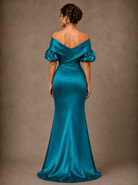 Off Shoulder Satin Puff Sleeve Mother of the Bride Gown