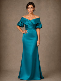 Floor-length teal satin formal gown with off shoulder neckline