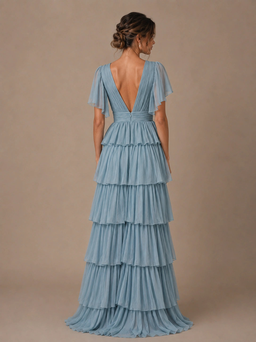 Dusty Blue Chiffon V-Neck Tiered Ruffle Bridesmaid Dress with Slit