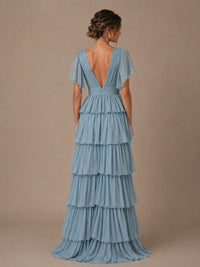 Dusty Blue Chiffon V-Neck Tiered Ruffle Bridesmaid Dress with Slit