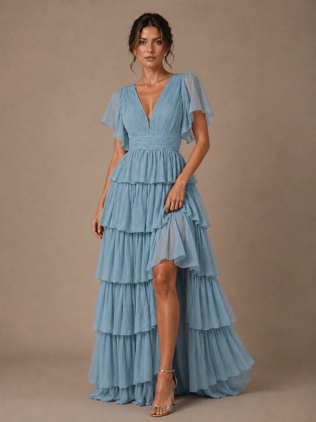 Dusty Blue Chiffon V-Neck Tiered Ruffle Bridesmaid Dress with Slit