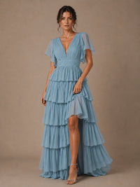 Dusty Blue Chiffon V-Neck Tiered Ruffle Bridesmaid Dress with Slit