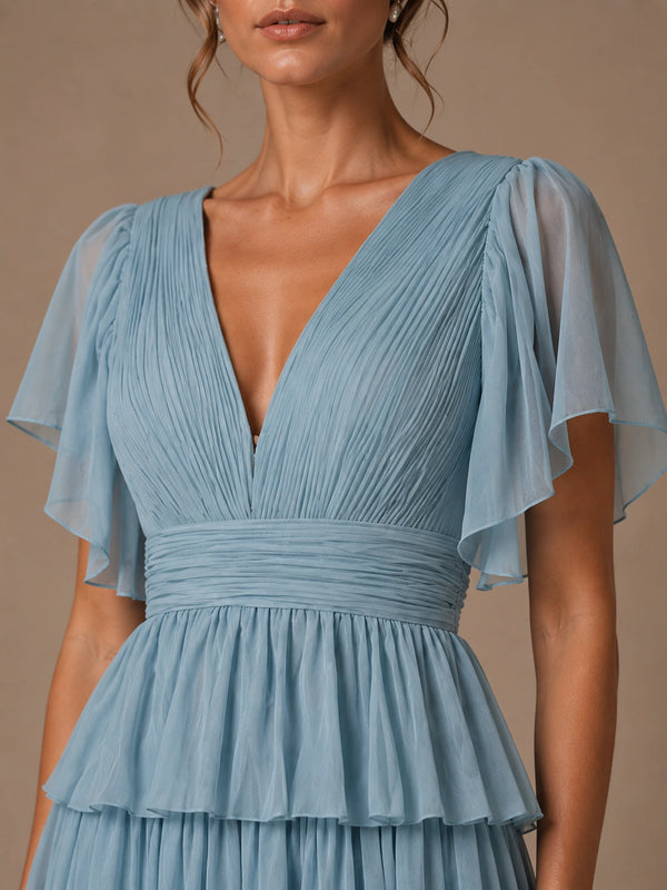 Dusty Blue Chiffon V-Neck Tiered Ruffle Bridesmaid Dress with Slit