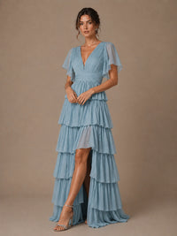 Dusty Blue Chiffon V-Neck Tiered Ruffle Bridesmaid Dress with Slit