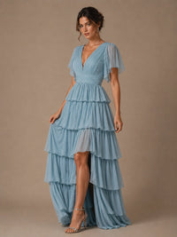 Dusty Blue Chiffon V-Neck Tiered Ruffle Bridesmaid Dress with Slit