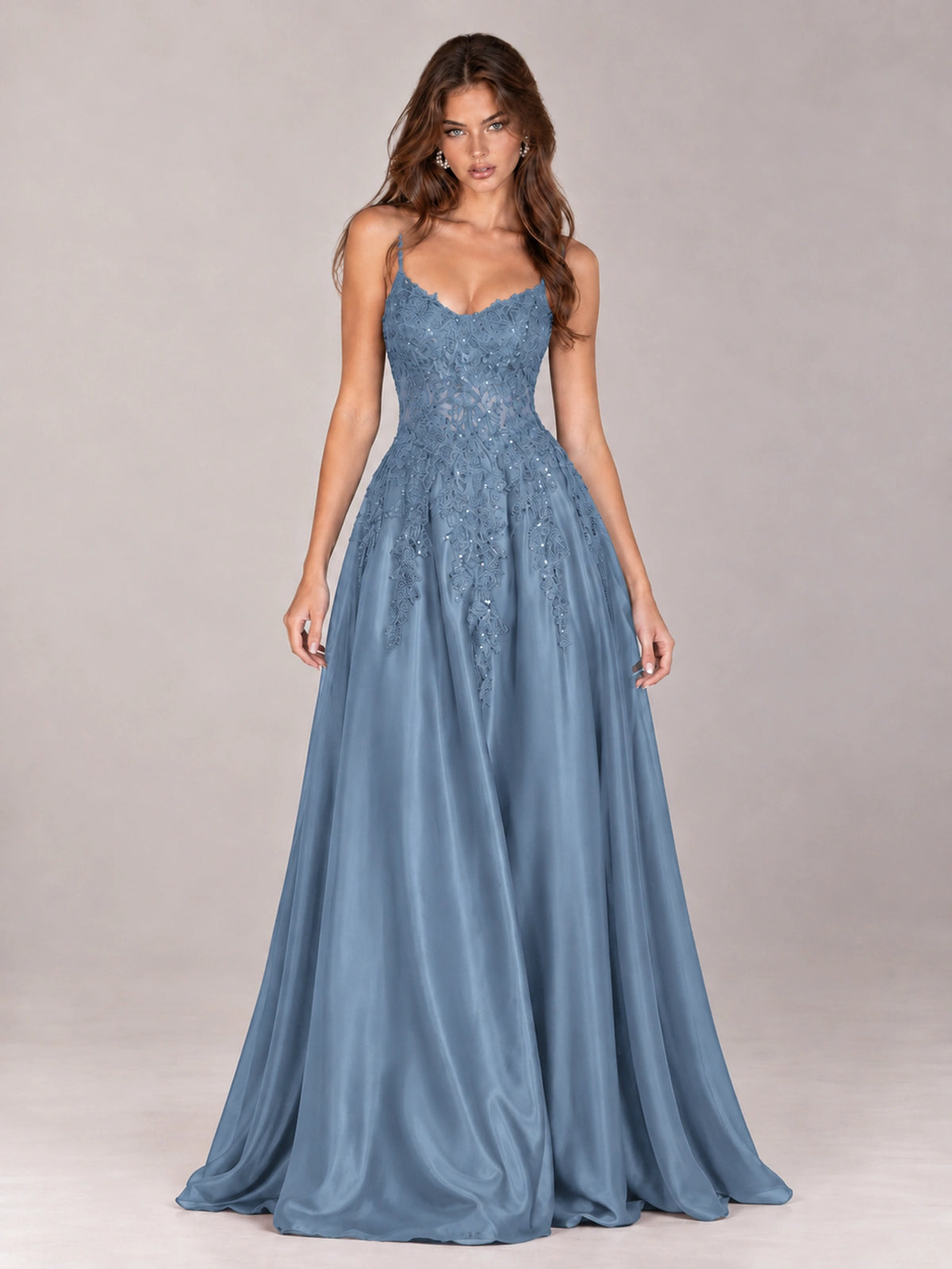 Lace Applique Satin A-Line Prom Dress with Sheer Bodice