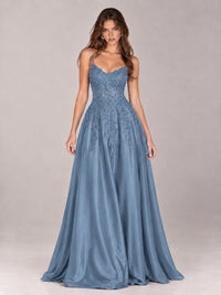 Lace Applique Satin A-Line Prom Dress with Sheer Bodice