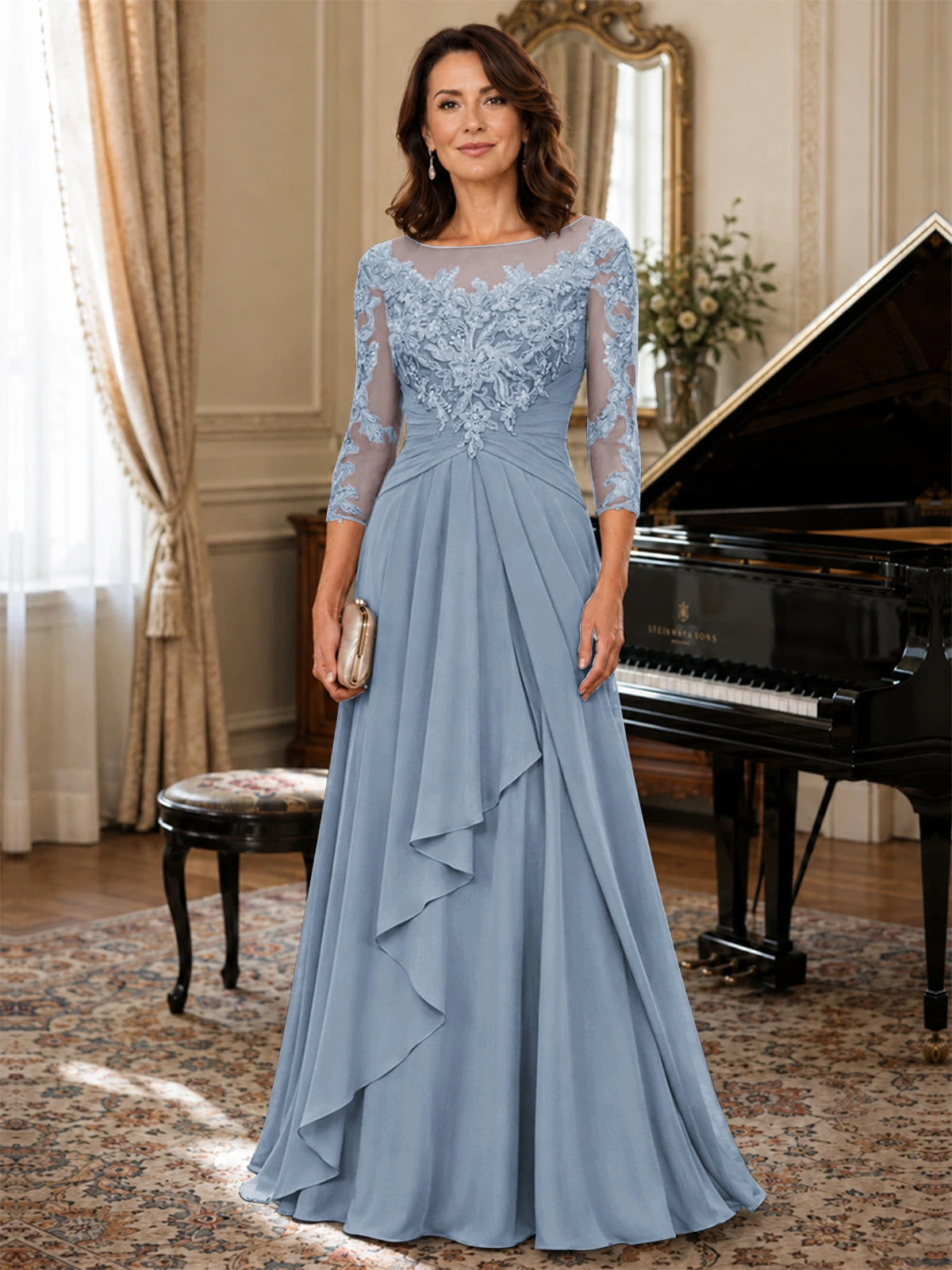 A-Line Chiffon Mother of the Bride Dress with Floral Applique 3/4 Sleeves