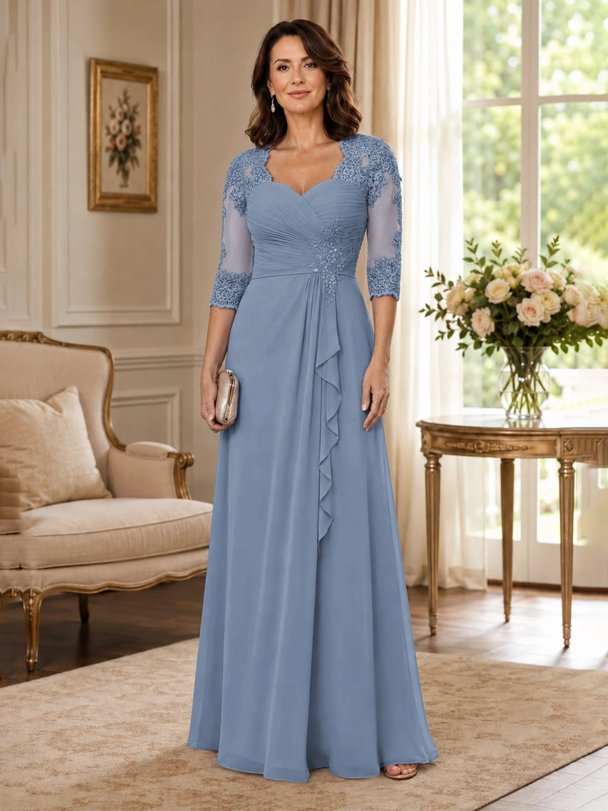 Chiffon Lace Applique Mother of the Bride Dress with 3/4 Sleeves