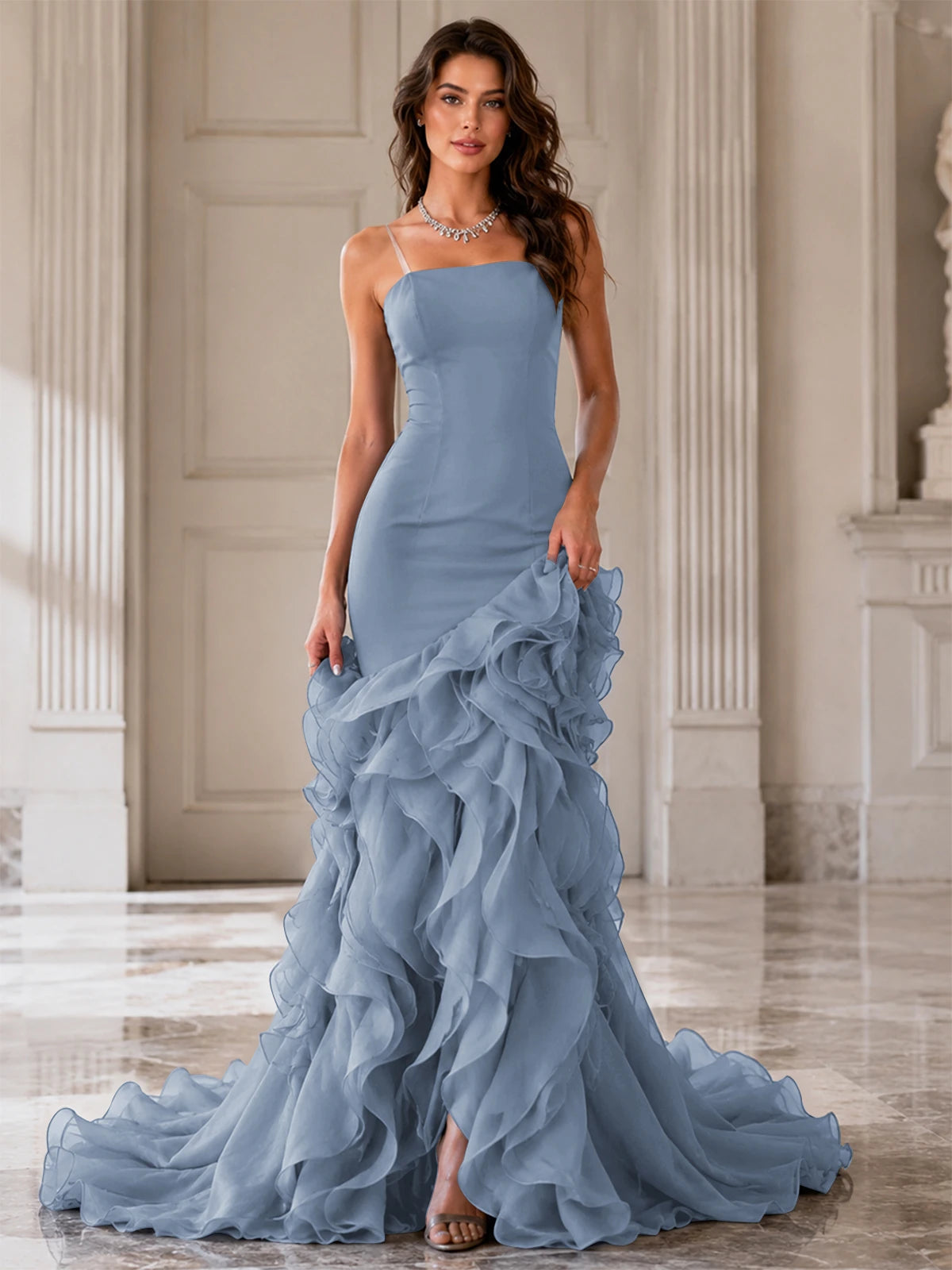 Mermaid Formal Evening Dress with Layered Ruffle Train