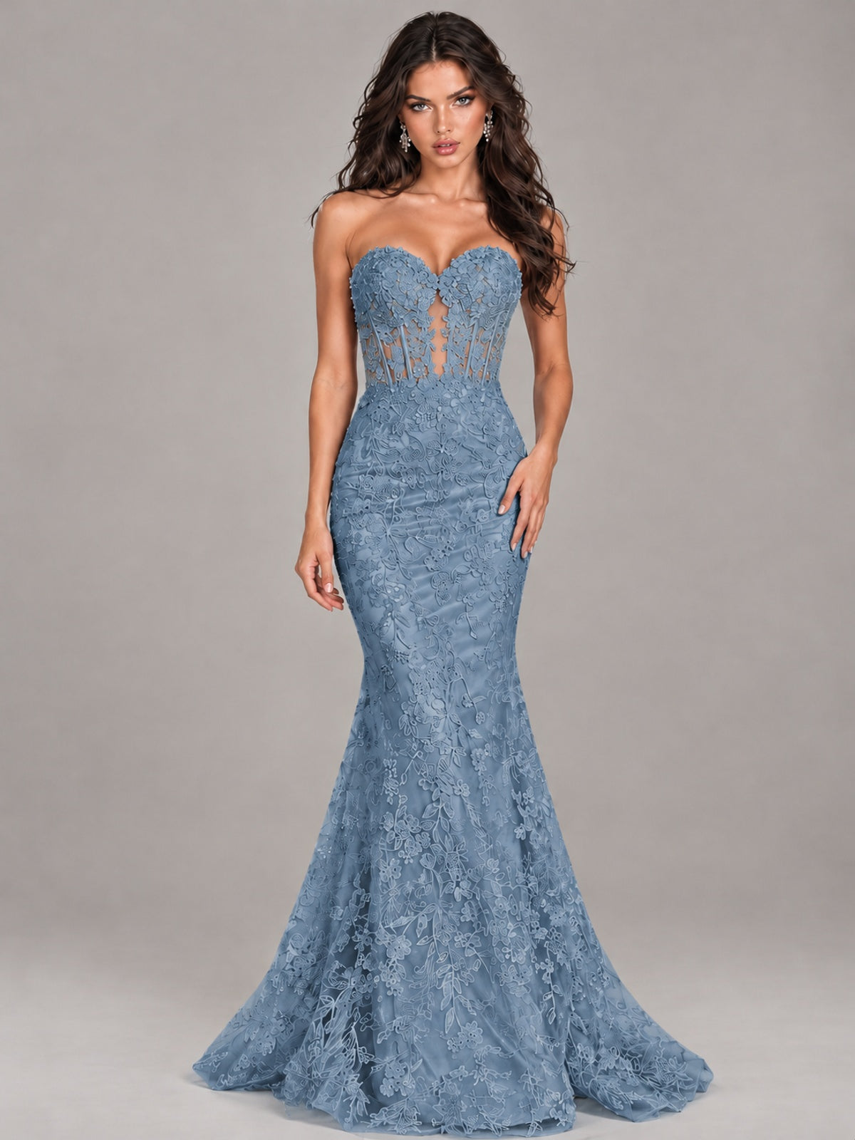 Strapless Corset Mermaid Prom Dress Lace Appliqué Formal Gown