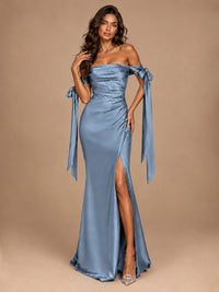 Off The Shuolder Satin Prom Dress Slit Mermaid Formal Gowns