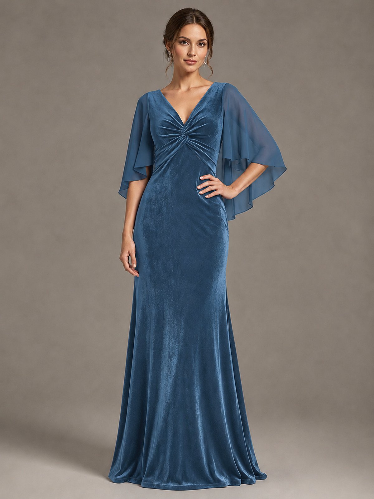 Navy Blue Velvet V Neck Mermaid Formal Dress with Flutter Cape Sleeves