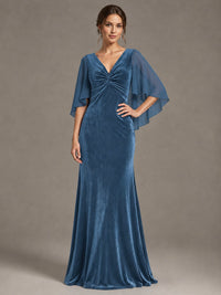 Navy Blue Velvet V Neck Mermaid Formal Dress with Flutter Cape Sleeves