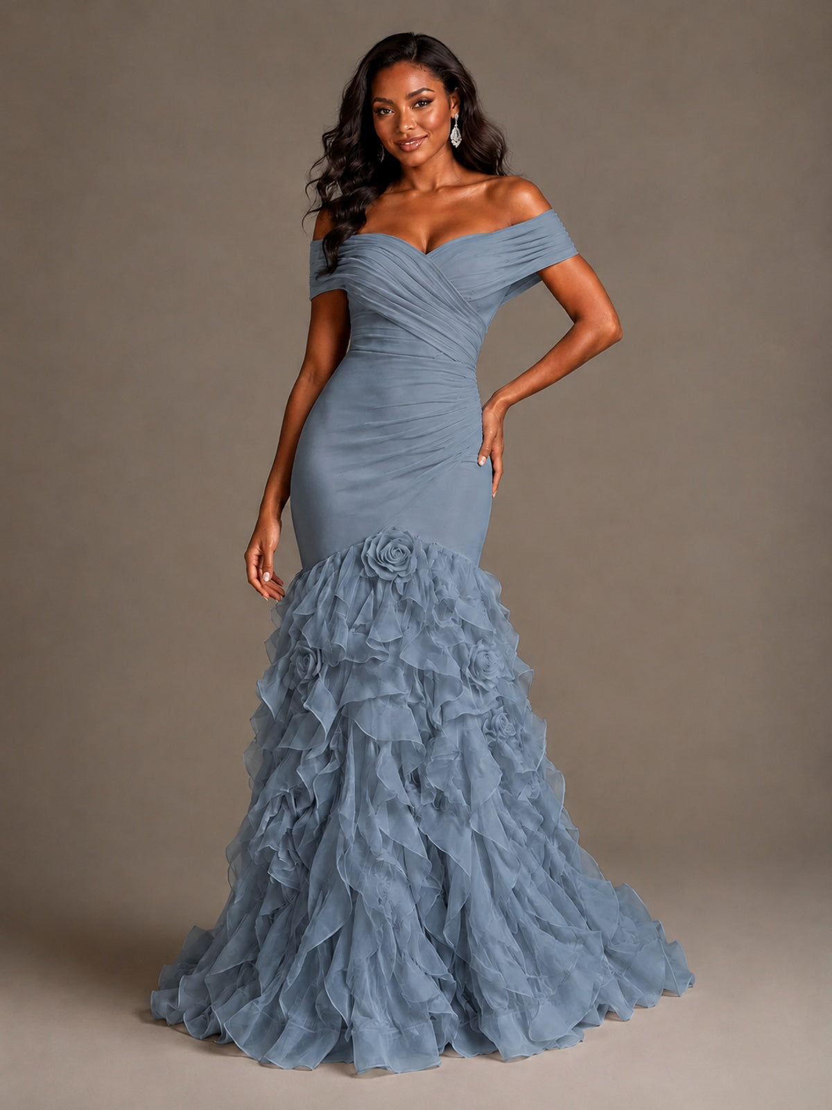 Pink Off-the-Shoulder Mermaid Prom Dress with Ruffles 3D Flowers