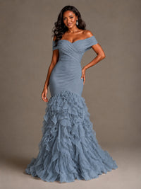 Pink Off-the-Shoulder Mermaid Prom Dress with Ruffles 3D Flowers