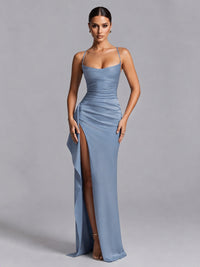 Dusty Blue Squre Neck Pleated Satin Prom Dresses for Teens Women Long Evening Formal Gown with Slit Ruffles