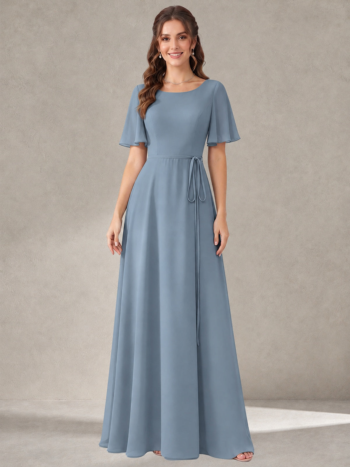 Dusty Blue Scoop Neck A-line Chiffon Bridesmaid Dress with Belt Flutter Sleeve Formal Wedding Guest Dress Evening Gown