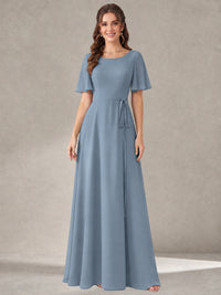 Dusty Blue Scoop Neck A-line Chiffon Bridesmaid Dress with Belt Flutter Sleeve Formal Wedding Guest Dress Evening Gown