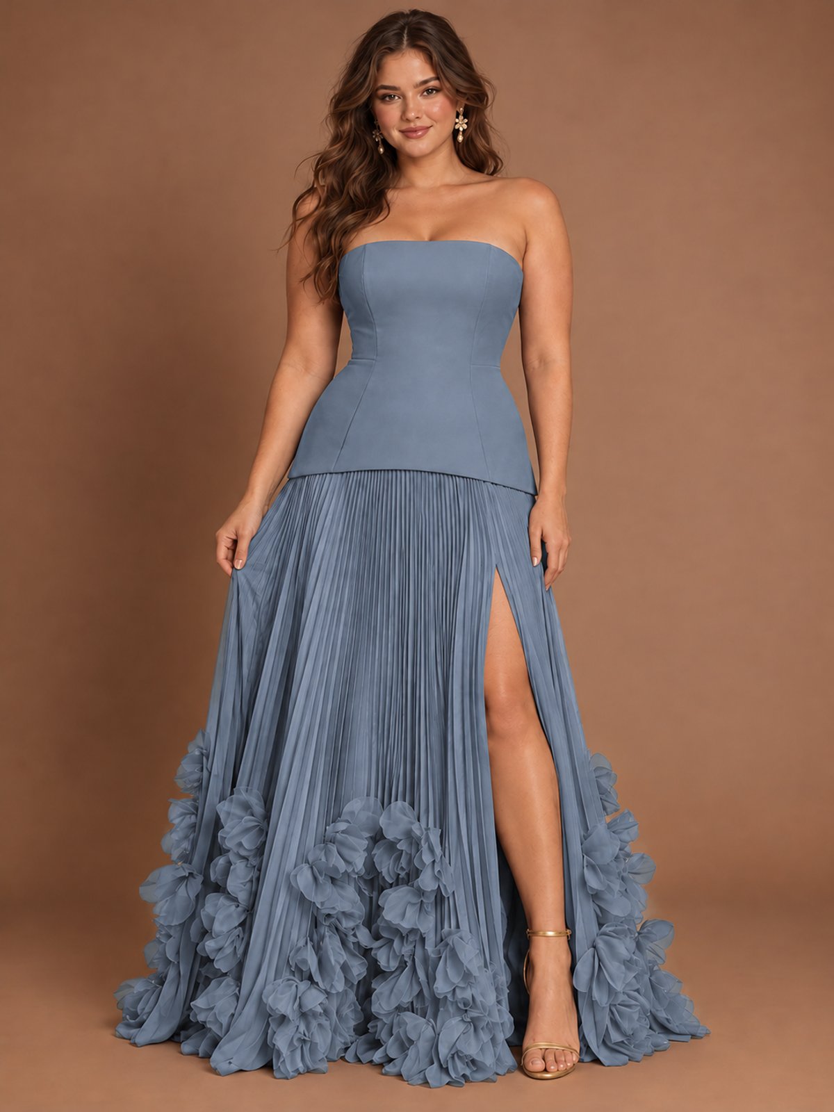 Strapless Pleated Floral Satin Formal Dress with Side Slit