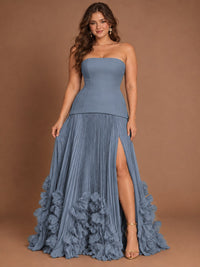 Strapless Pleated Floral Satin Formal Dress with Side Slit