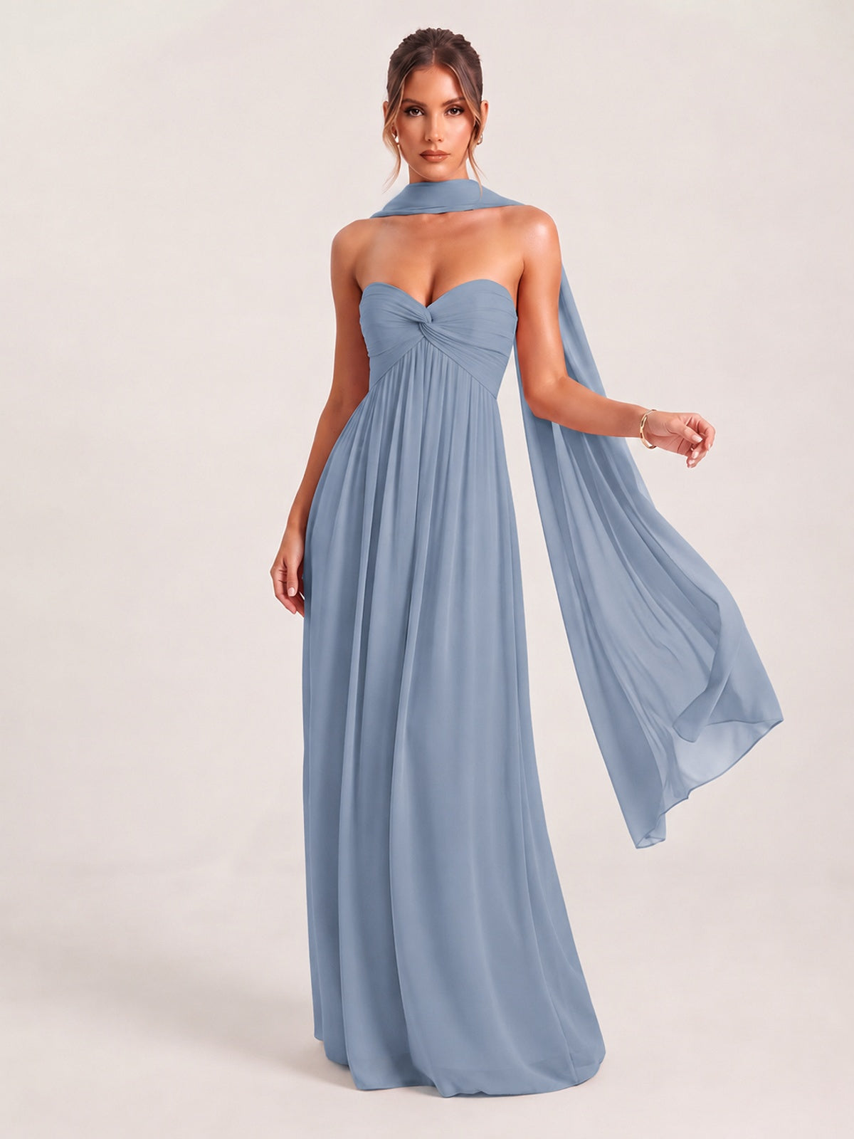 Dusty Blue Strapless Ruched Chiffon Long Prom Dress with Scarf A-line Sweetheart Ruffled Formal Wedding Guest Dress Evening Gown