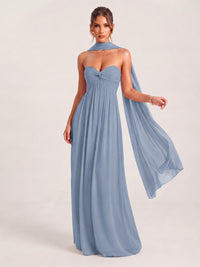 Dusty Blue Strapless Ruched Chiffon Long Prom Dress with Scarf A-line Sweetheart Ruffled Formal Wedding Guest Dress Evening Gown