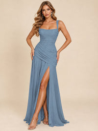 Wrap Pleated Prom Dress Scoop Neck with Slit Women Wedding Formal Dress