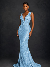 Gold Sequin Floral Applique Mermaid Prom Dress