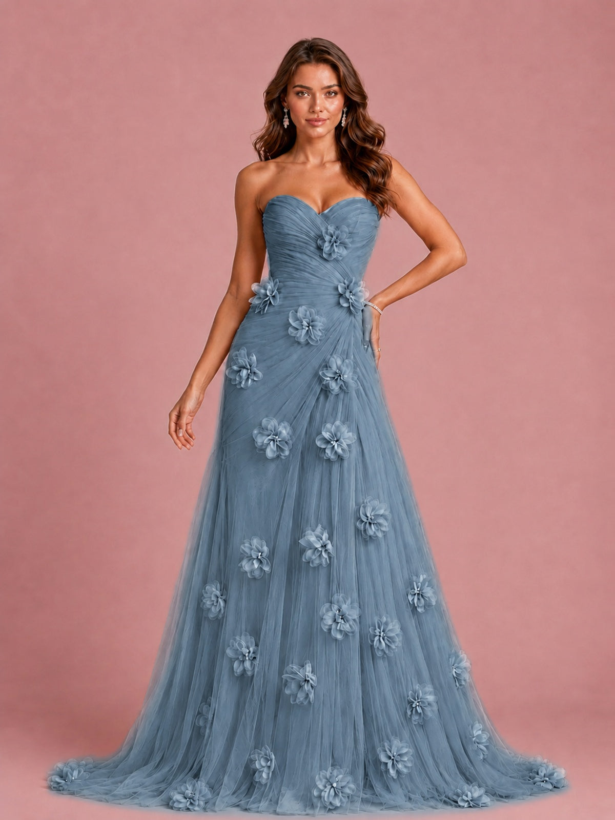 3D Floral Applique Strapless Tulle Prom Dress with High Slit