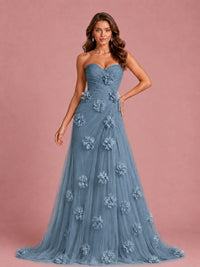 3D Floral Applique Strapless Tulle Prom Dress with High Slit