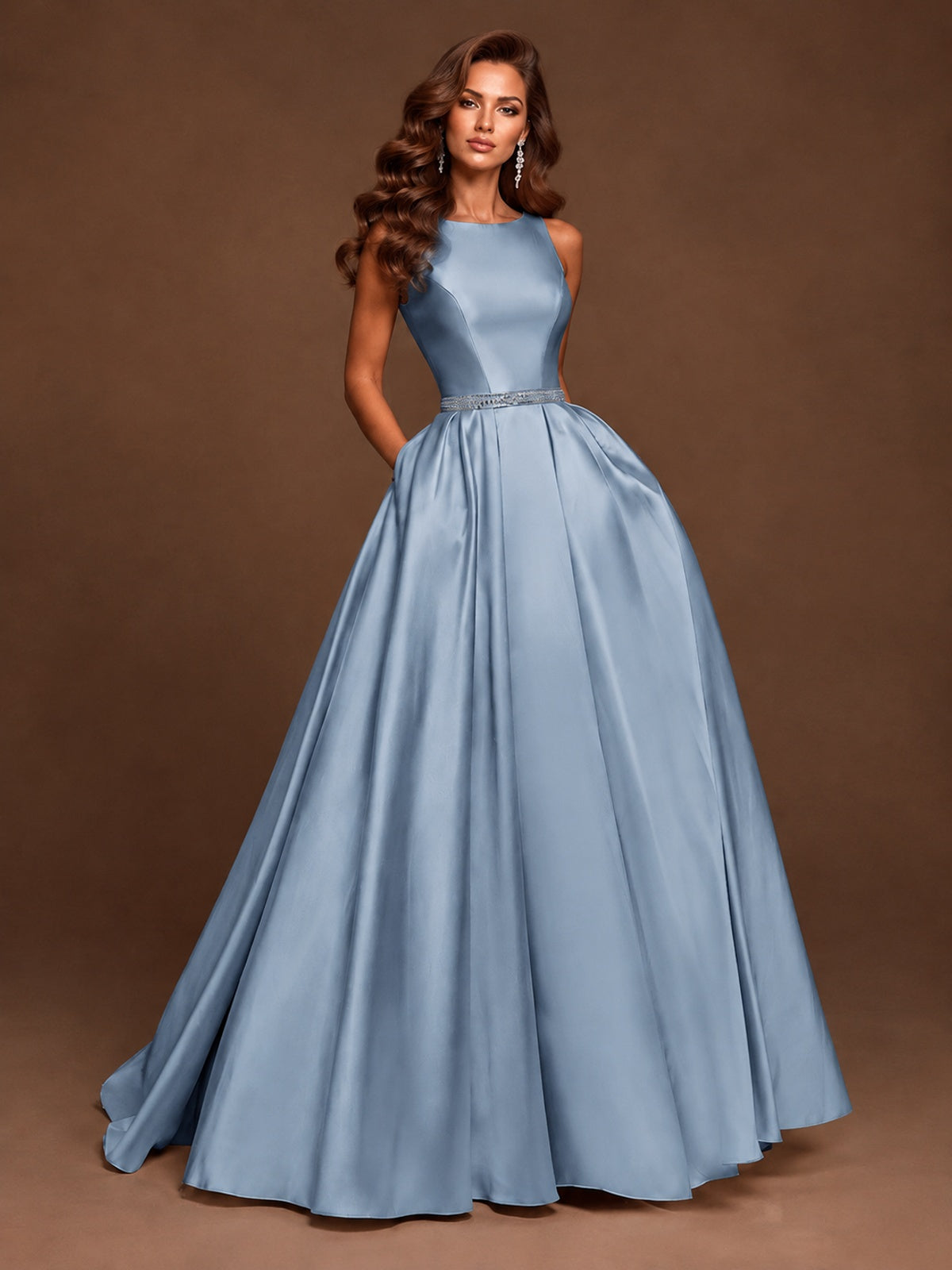 Satin A-Line Prom Dress Sleeveless Beaded Waist Formal Gown with Pockets