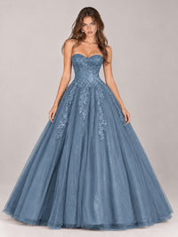 Strapless Sweetheart Tulle Ball Gown Prom Dress with Lace Appliques